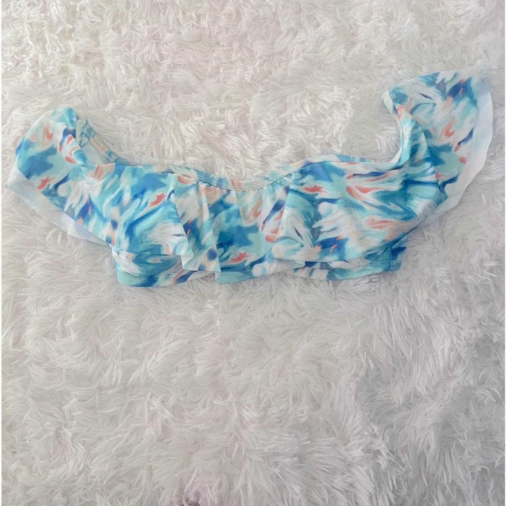 Hollister swim tie dye blue orange ruffle off shoulder bandeau bikini top